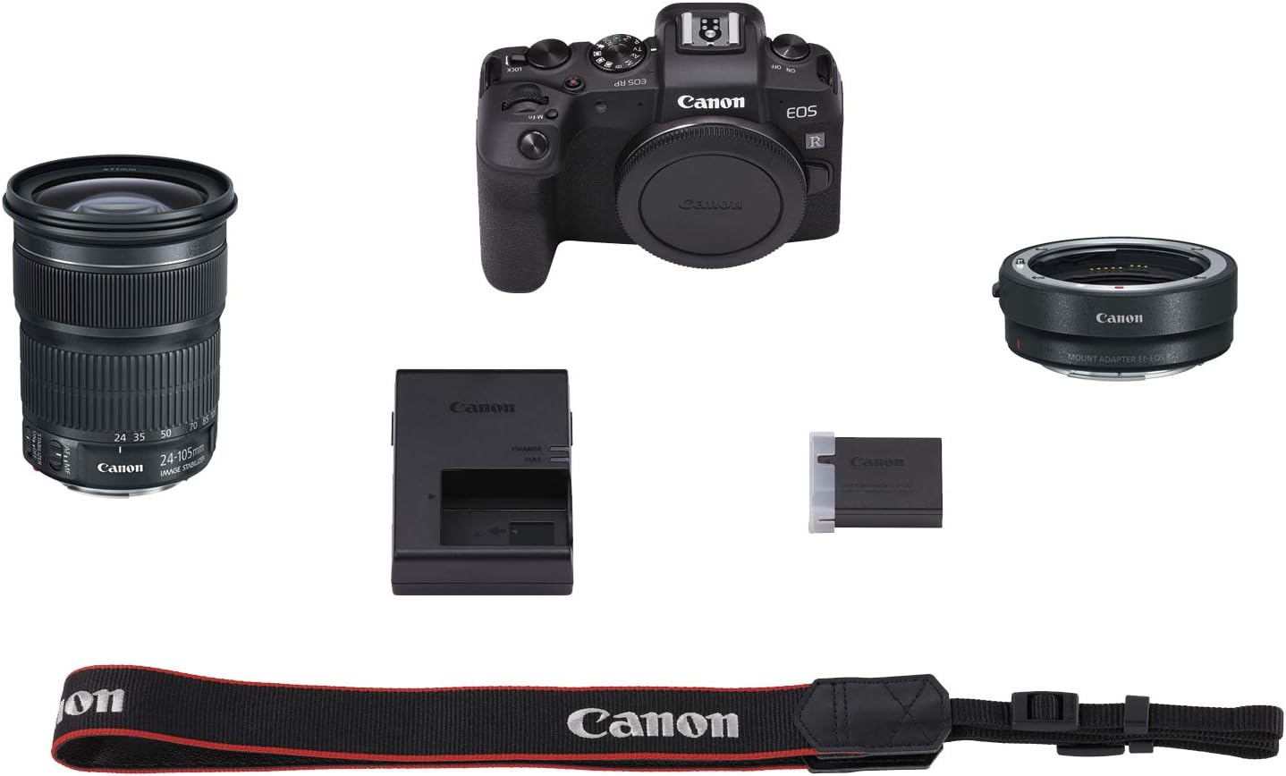 Canon EOS RP Full Frame Mirrorless Vlogging Bundle Camera Kit with Mount Adapter and Lens [EF 24-105mm F/3.5-5.6 is STM Lens + EF-EOS R Mount Adapter], Black