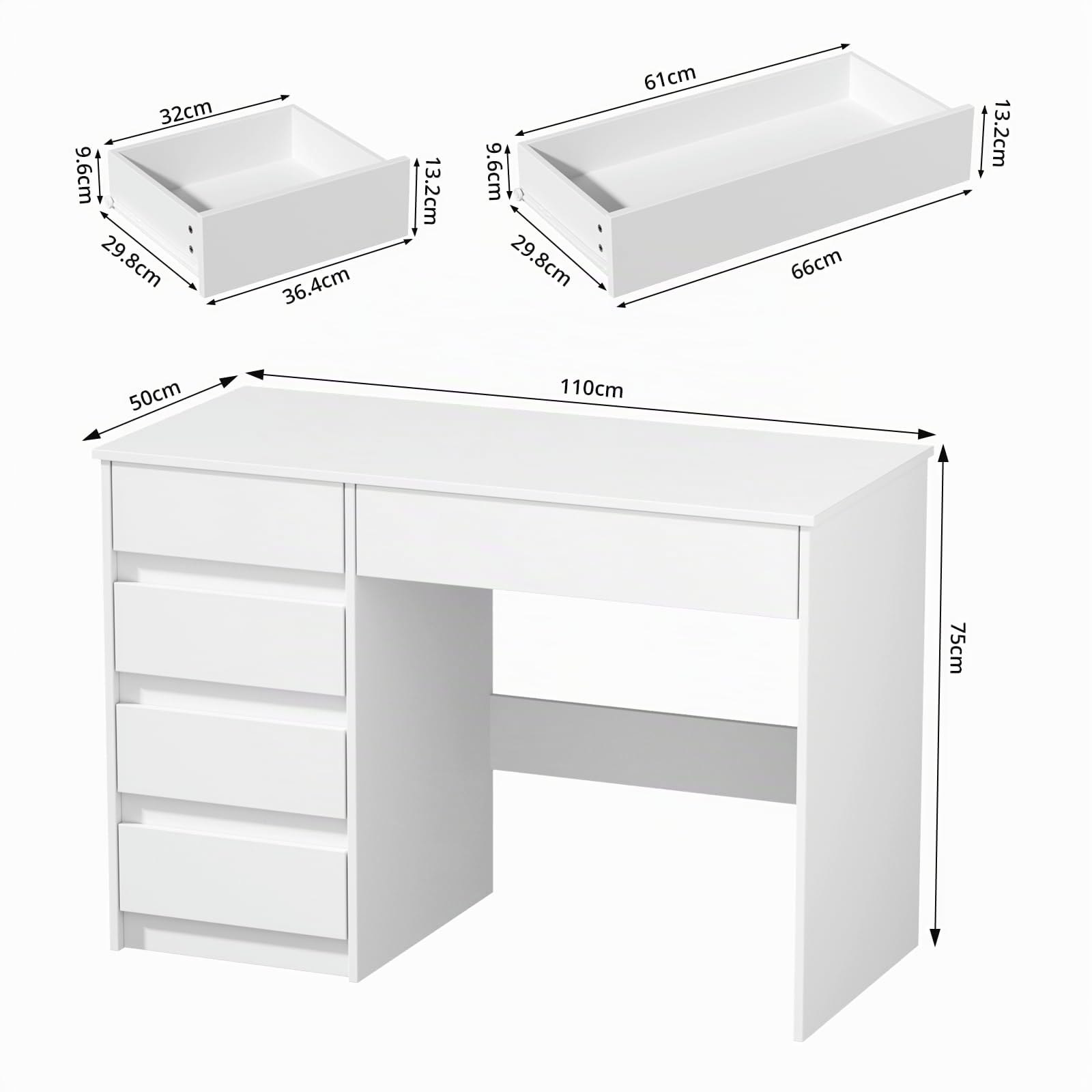 VOWNER Scrivania per Computer, Scrivania Salvaspazio con 5 Cassetti da Ufficio Salvaspazio Cameretta, per Ufficio/Camera da Letto, 110x50x75cm (Bianco)