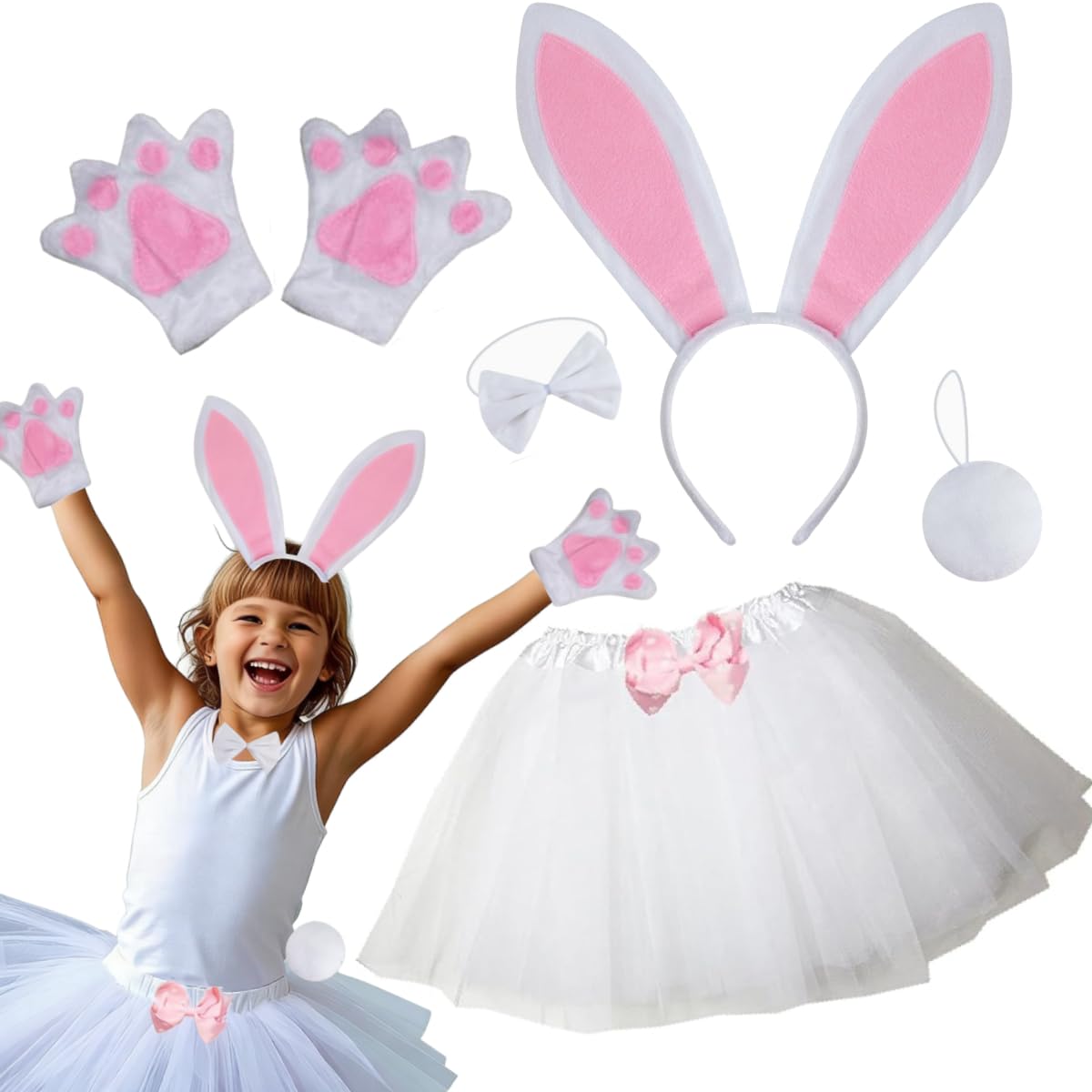 Kids Costume Bunny Animal Ears Headband Bowtie Tail Tutu Paws Set