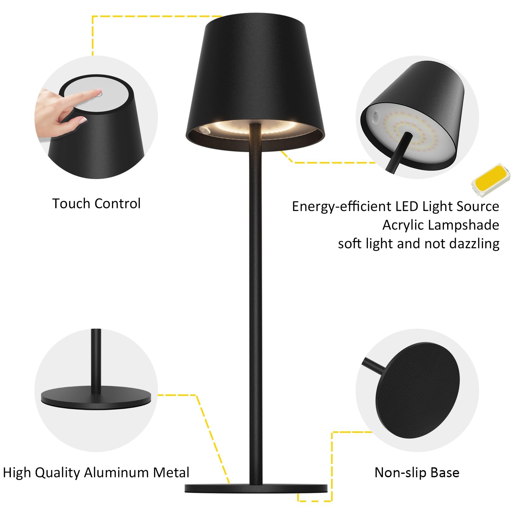 K-Bright Dimmable Touch LED Table Lamp, Wireless Table Lamp 3000K/4000K/6000K Rechargeable IP54 Waterproof Dark Gray(2pcs) 1