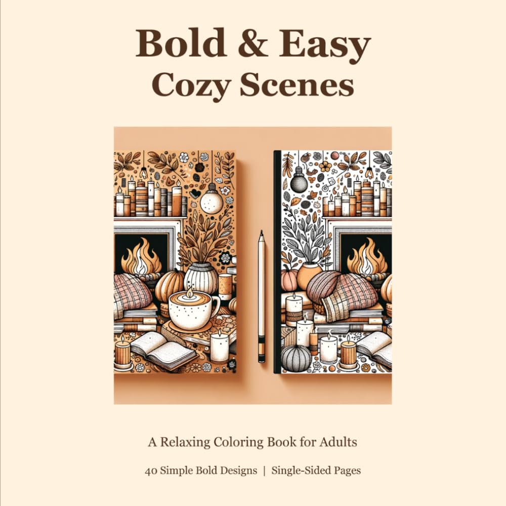 Bold & Easy Cozy Scenes: A Relaxing Coloring Book for Adults: Simple Thick Line Designs for Stress Relief | Fireplaces, Coffee Shops, Rainy Days & More | Perfect for Beginners and Seniors