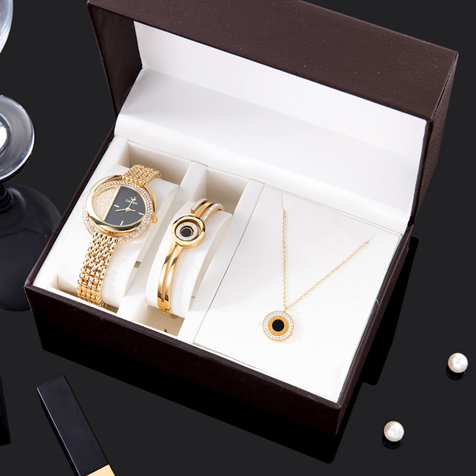 YUYTE Reloj de Pulsera para Mujer, Juego de Joyas con Pulsera, Juego de Joyas para Mujeres, Collar con Banda de Reloj, Oro Rosa Y Oro para Mujeres Y Niñas, Reloj de Cuarzo Diamantes Imitación