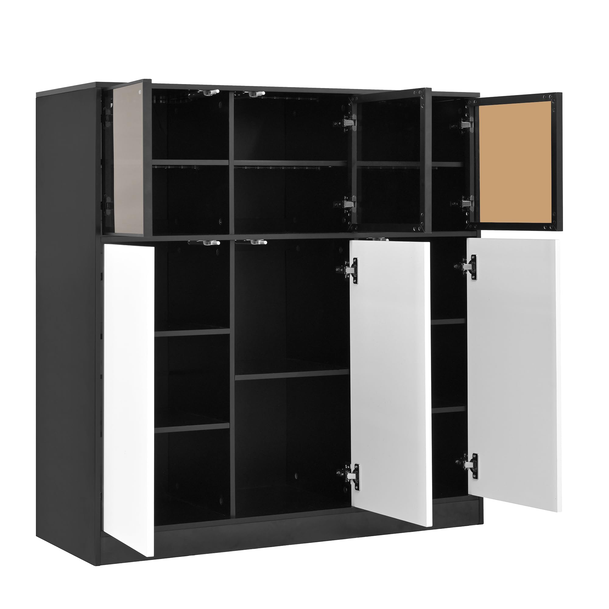 Credenza con illuminazione a LED e 3 ante in vetro, 100 cm, colore nero/bianco, 6 ante e 14 scomparti, con sistema di sicurezza ribaltabile, per soggiorno, cucina e sala da pranzo
