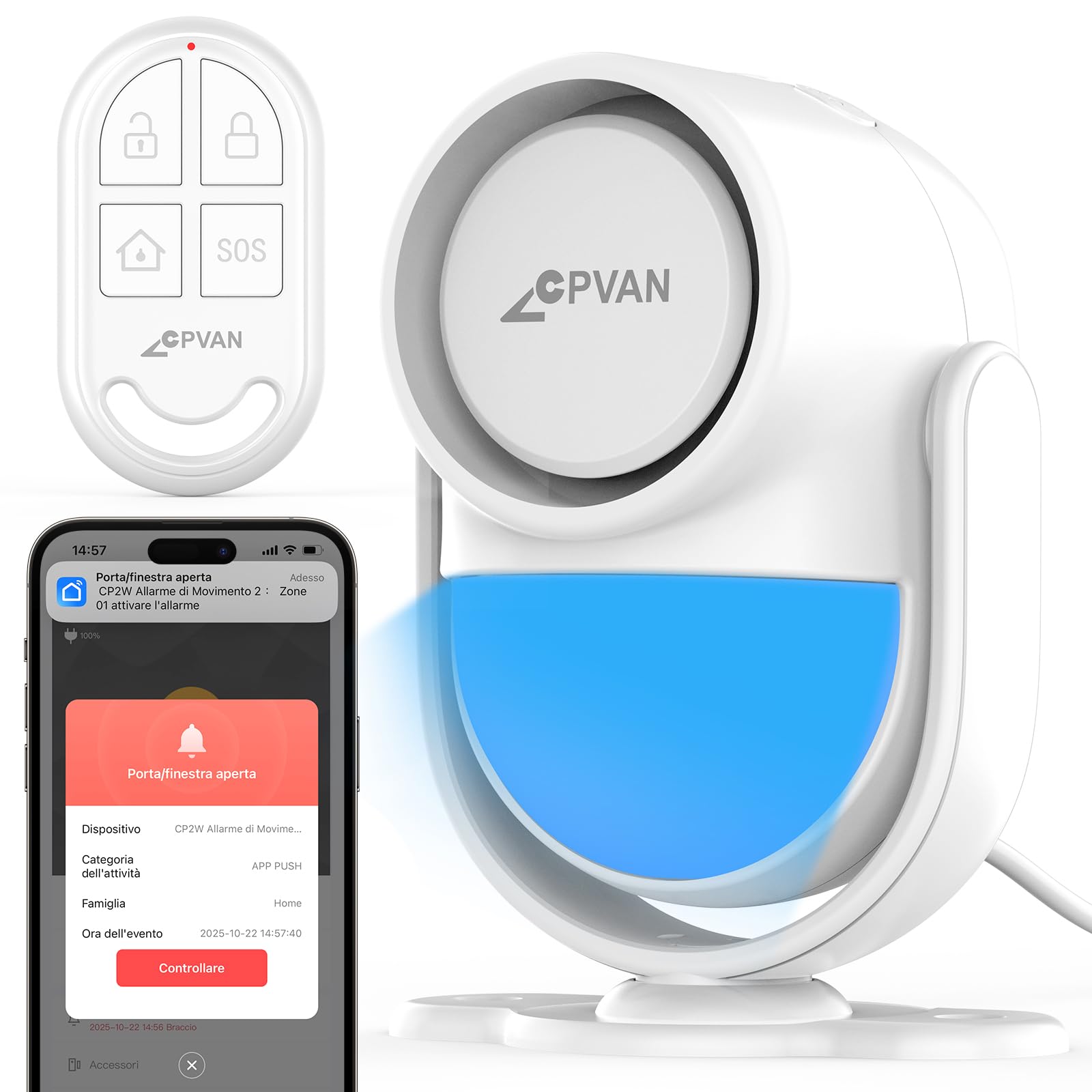 CPVAN Allarme Casa Senza Fili (2.4GHz WiFi), PIR WiFi Sensore di Movimento, fai da te Antifurto Casa Wireless, PIR Host Allarme + 1 Telecomandi, Compatibile con Sensori Porta/Finestra, Bianco