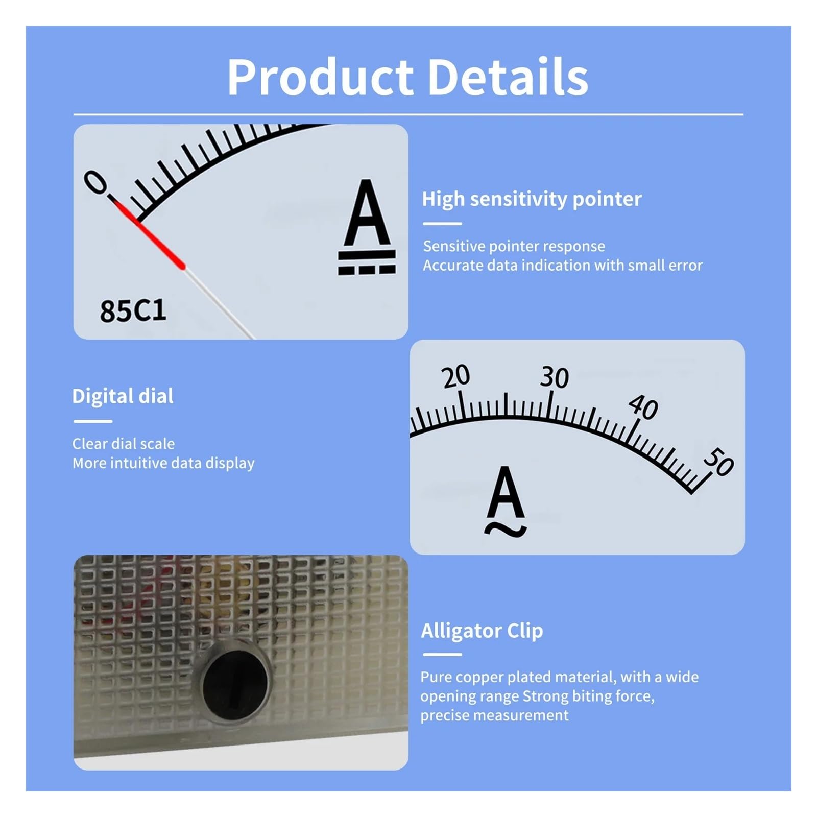 Indicateur CC-CA à Aiguille Type de pointeur ampèremètre mécanique 85C1 DC/AC 1A-50A(20A,85L1 AC)