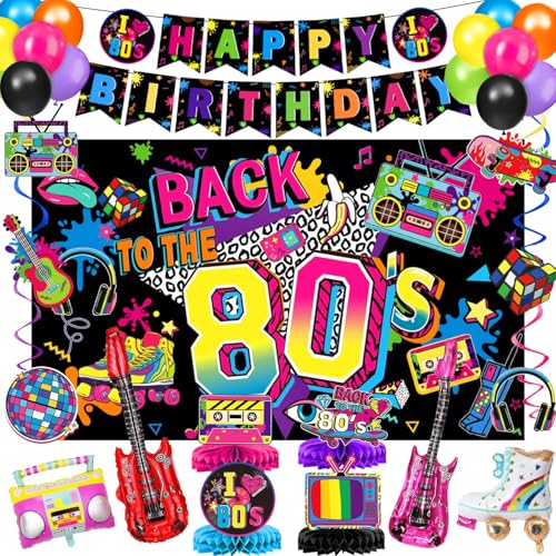 80s Party Decorations 80s Birthday Party Supply Includes Backdrop Banner Hanging Swirls Foil & Latex Balloons Honeycomb Centerpieces for 80s 90s Party Decorations