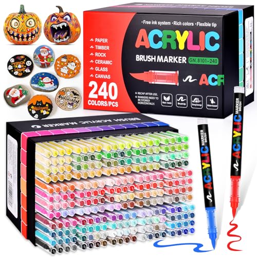 Acrylic Paint Markers Brush Tip 240 Colors Direct-Liquid Ink Control System Water-Based No-Bleed Premium Acrylic Paint Pens for School Art Rock Fabric Wood DIY Crafts (Includes Replacement Nibs)
