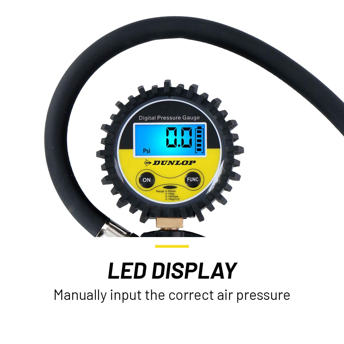 Dunlop Manomètre Numérique pour Pneus – Mesure PSI/BAR/KPA/KG – Fonctionne sur Piles – Tuyau d'air de 30 cm – Convient à la Plupart des Compresseurs d'air – Voiture, Vélo, Moto et Camion – Noir