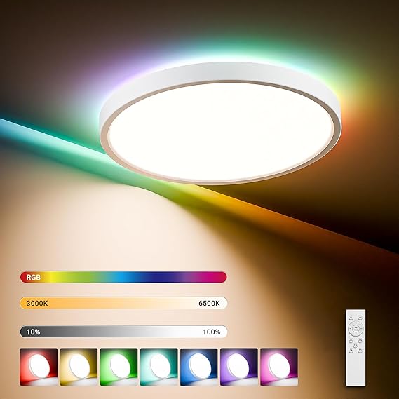 LQWELL LQWELL® LED Plafondlamp dimbaar met afstandsbediening, 24W 2500LM 3000-6500K RGB, ronde platte plafondverlichting IP44 voor woonkamer, slaapkamer, eetkamer, 300 * 40mm