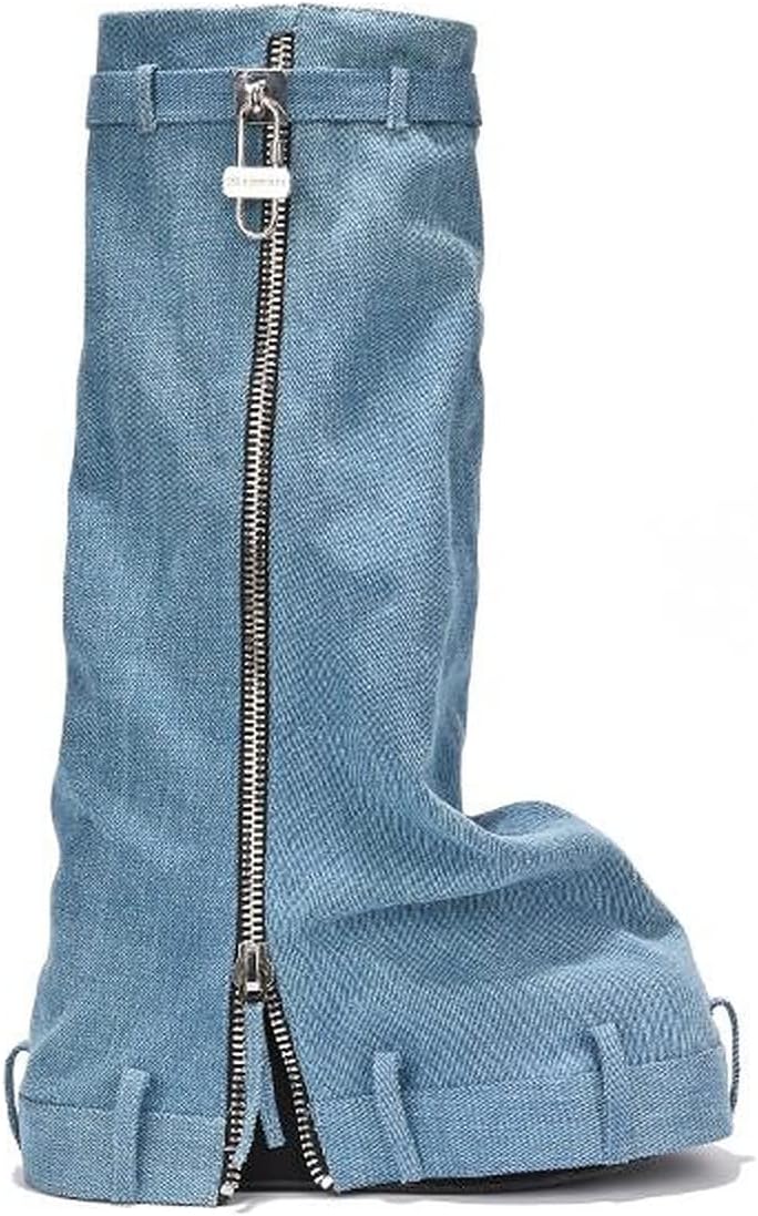 Cape Robbin Women's Fold Over Knee High Boots Platform Heel Padlock Boot with Zipper JENAS - DENIM 10
