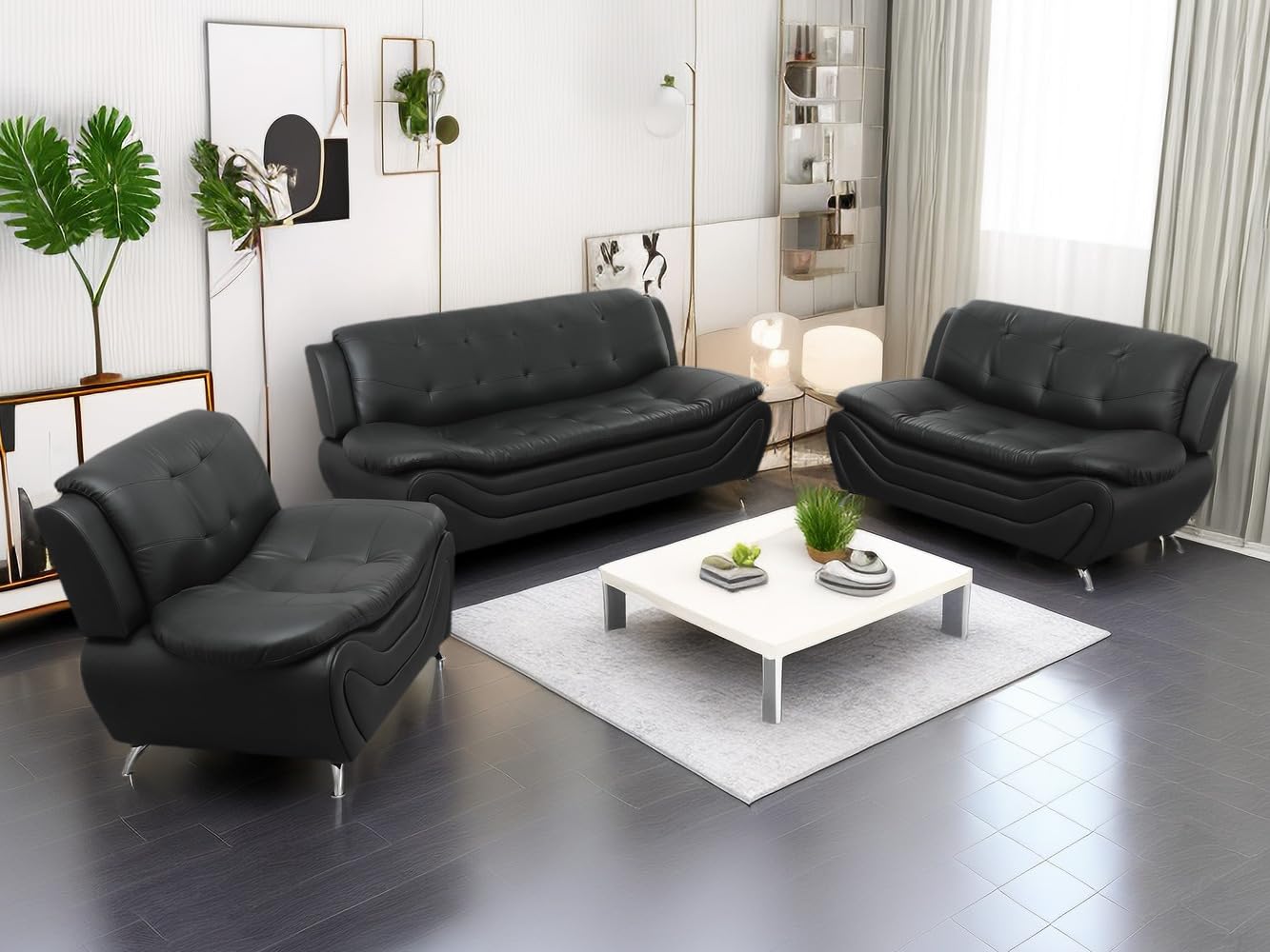 Leather Couches for Living Room, Living Room Couch Set, Sofa for Bedroom, Apartment, Living Room Furniture Sets (a-Leather Black, Sofa+Loveseat+Chair)