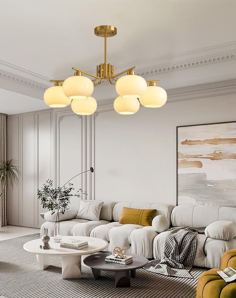LIGHTLAND Modern Persimmon Pendant Light with 6 Cream Glass Shades