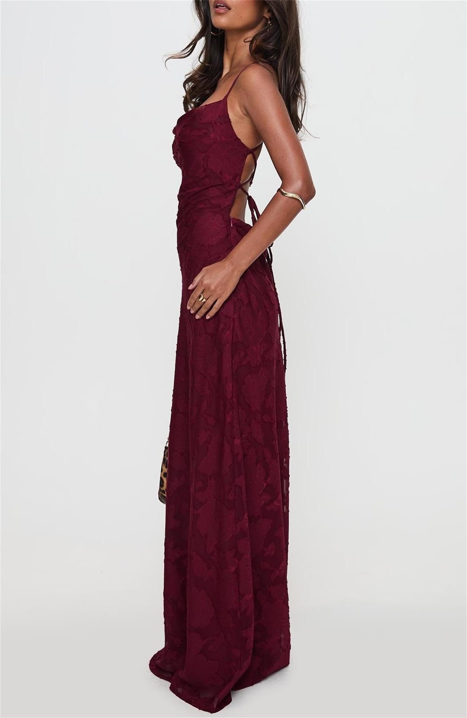 Abito da damigella d'onore con spalline sottili da donna, lungo maxi abito formale in jacquard per ospiti di matrimonio, applicazioni in pizzo