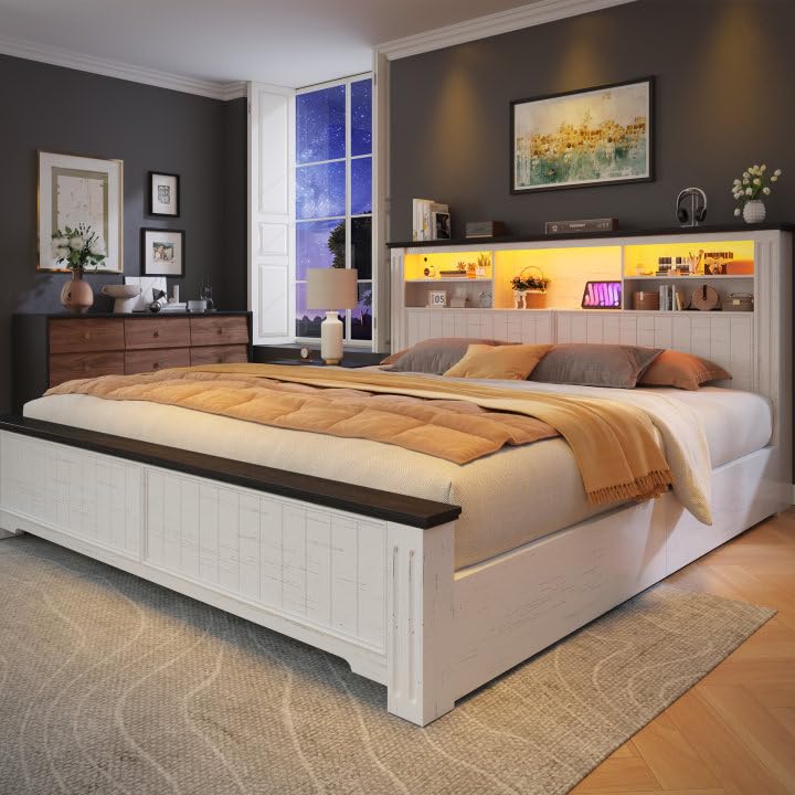 EnHomee King Bed Frame and Headboard, King Size Bed Frame with 4 Storage Drawers, King Bed with LED Lights & Charging Ports,No Box Spring Needed,NO