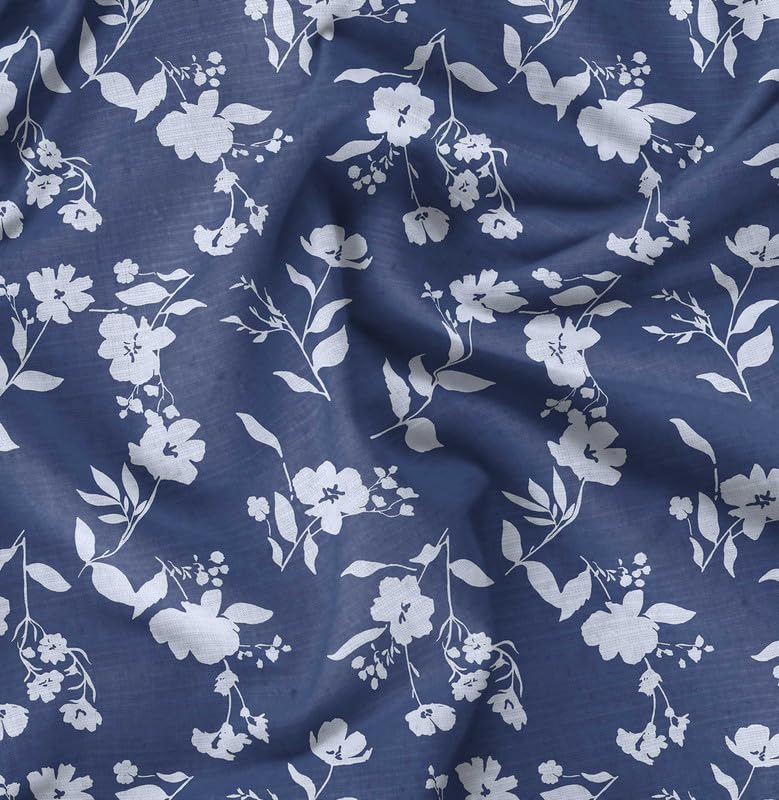 Soimoi Floral Print - Blue, Pure Silk Fabric - 42 Inch Wide, 1 Meter, Lightweight Material, Perfect for Elegant Dresses, Sarees, Scarves — image 1