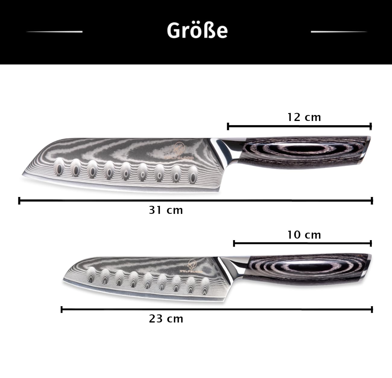 Wolfblood PRO 2er Santoku Damastmesser Set XL (31cm und 23 cm) TÜV geprüfter 62 HRC Damaststahl aus 67 Lagen I Damast Küchenmesser Set mit Santokumesser Holzgriff Geschenkbox & Klingenschutz