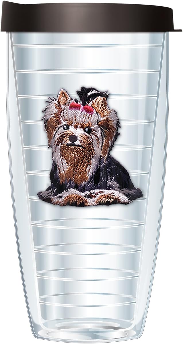 Signature Tumblers Yorkie Puppy Dog Emblem on Clear 22 Ounce Double-Walled Travel Tumbler Mug with Black Easy Sip Lid