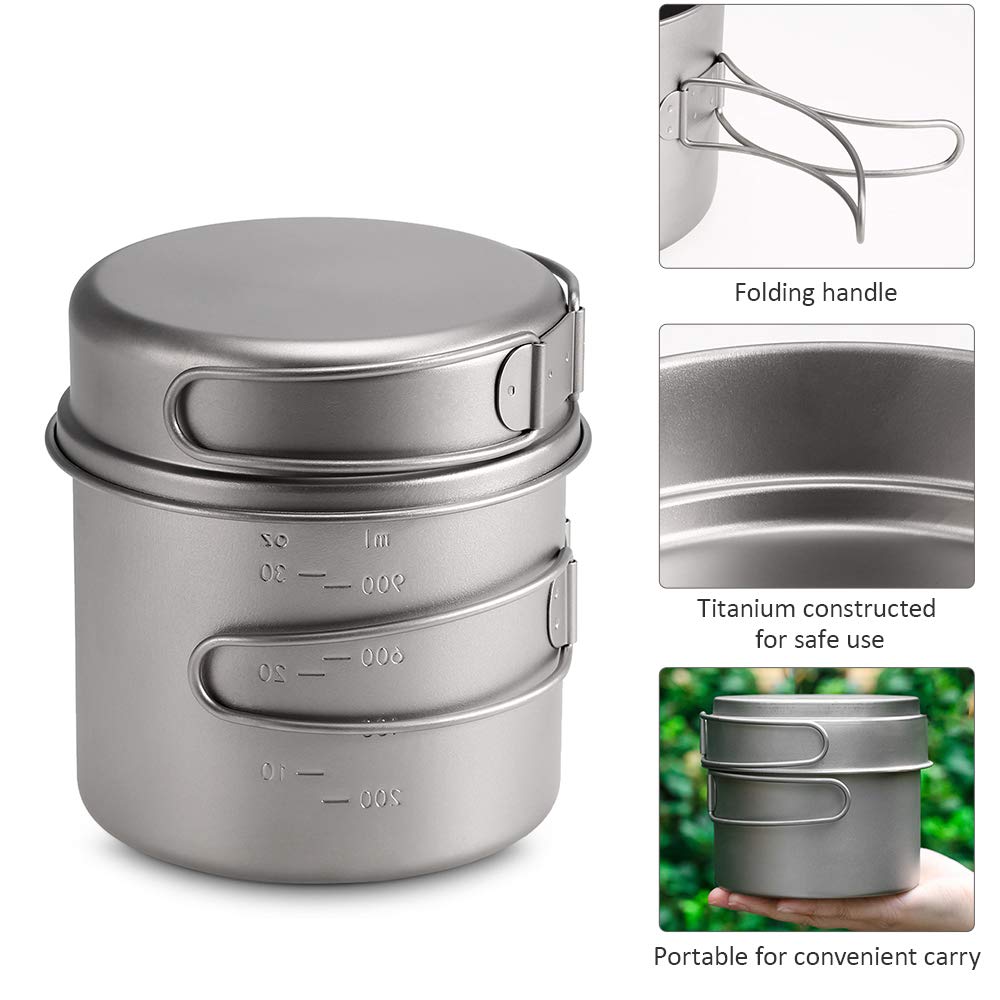 Lixada Zestaw garnków z czystego tytanu, 1100 ml / 1600 ml + patelnia 350 ml / 500 ml, Φ125 x 102 mm, ze składanym uchwytem, na kemping, wędrówki (1600 ml + patelnia)