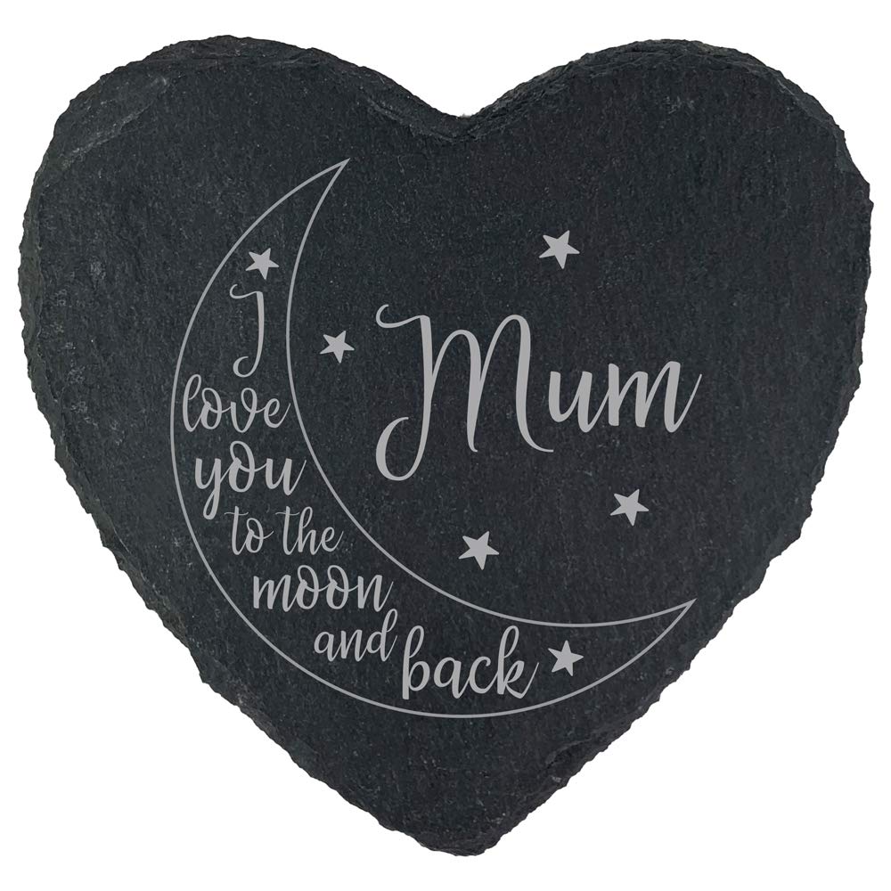 eBuyGB I Love You To The Moon and Back, Personalised Slate Coaster, Mum Birthday Gift, Present for Mum from Daughter and Son, Engraved Slate Drinks Coaster (Heart)
