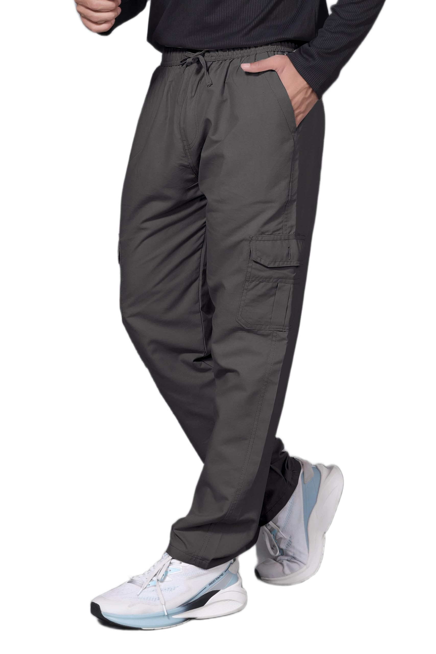 ethnic trove Men's Cargo Pants with Elastic Waist, Black Casual Drawstring Trousers, Side Pockets, Relaxed Fit-picture-47