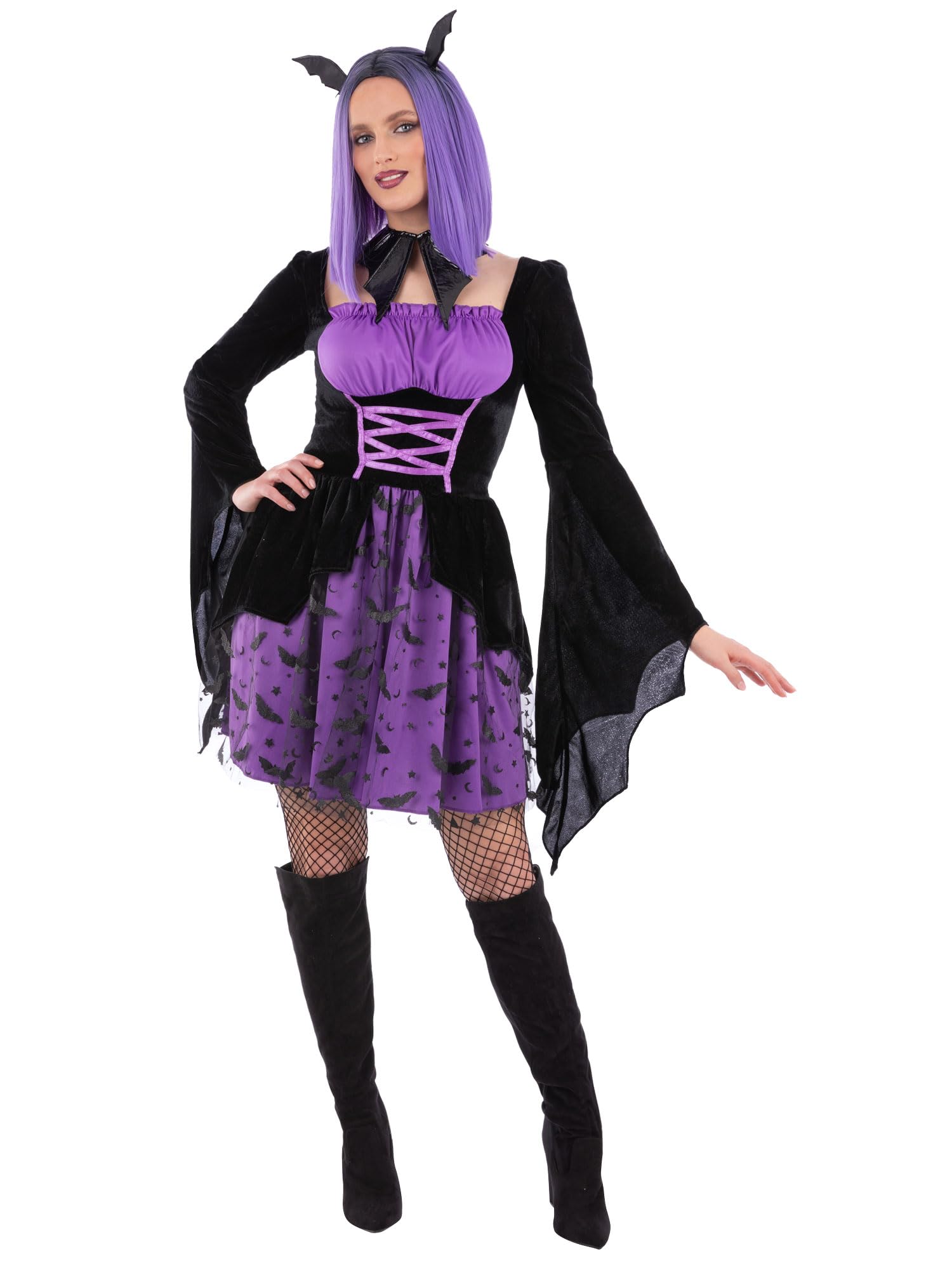 Smiffys Ladies Purple Cosplay Vampiress Costume with Dress and Headband Women’s Gothic Vampire Halloween Fancy Dress Outfit, Small