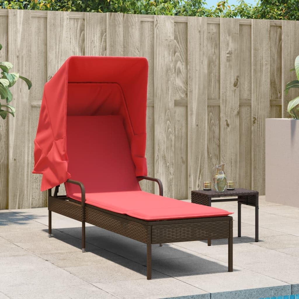Lettino prendisole con tettuccio parasole e tavolo marrone, in polyrattan, regolabile con imbottitura, resistente alle intemperie, per giardino, terrazza, balcone e piscina, sdraio ergonomico