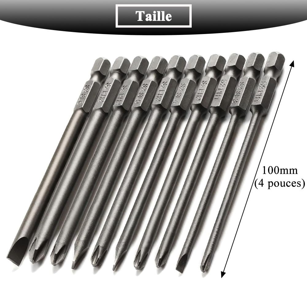 Teocpai 10pcs Slotted Head Screwdriver Bit Phillips Screwdriver Set Magnetic Hex Shank 100mm - Image 2