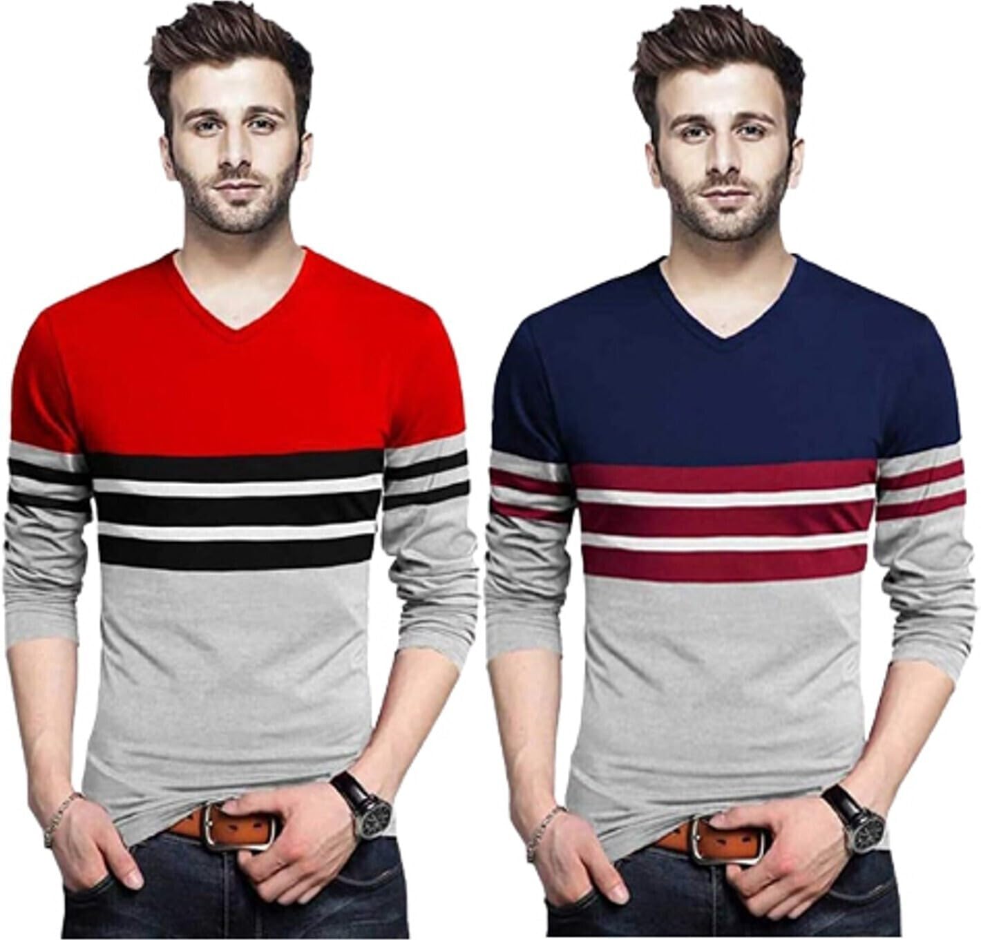 Color Block Cotton Round Neck Regular Fit Solid Full Sleeve T-Shirt Combo for Men-image-7
