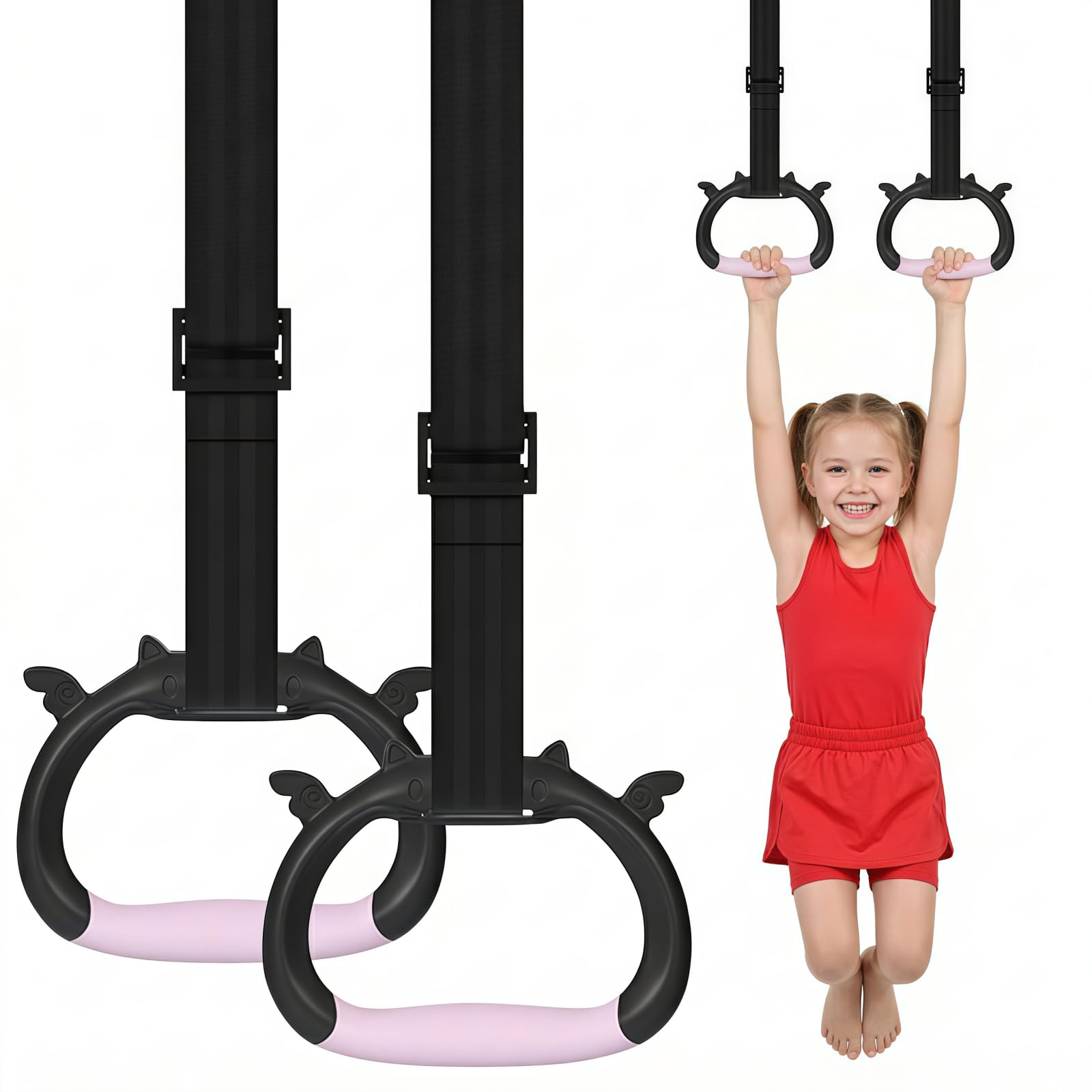 Grapelet Gymnastics Rings Set, Children's Home Gym Equipment, Children's Adjustable Strap Strength Training Rings, Pulling Rings for Physical Training (Black Pink)-image-7