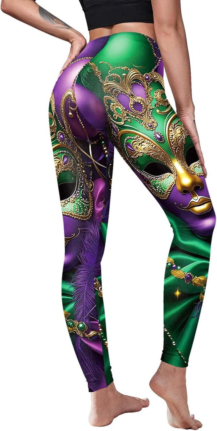 Eciodci Women's Mardi Gras Leggings 3D Printed Mask Fleur De Lis High Waist Stretchy Carnival Party Tight Pants for Women - Image 2