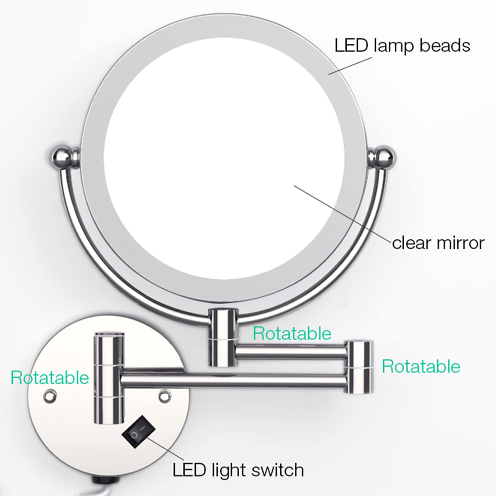 20 cm (8") Podświetlane lusterko do makijażu ścienne, dwustronne, powiększające, obrotowe i rozciągliwe, z oświetleniem LED, wykończenie szczotkowanego niklu, powiększenie x7
