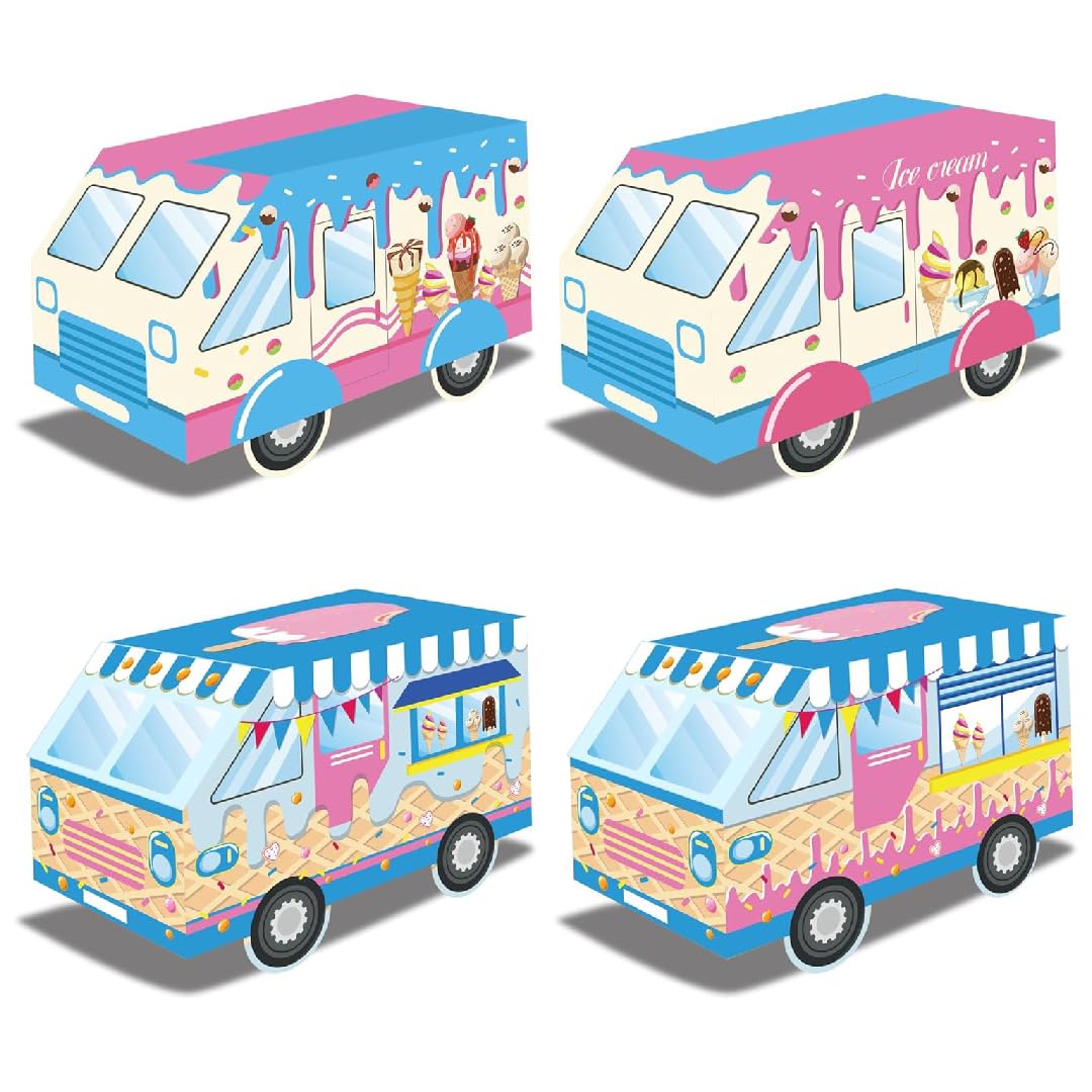 Ice Cream Party Paper Boxes 12 pcs | Ice Cream Truck Shape Treat Boxes | Goodie Candy Boxes Sprinkles Themed Baby Shower Kids Birthday Party Centerpieces Table Decor Supplies