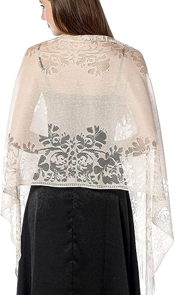 B-HOT Châle Femme En Dentelle Longue Echarpe Avec Frange Triangle Foulard Vague Pour Plage Mariage Soirée Cérémonie Chic Et Elégant Beige