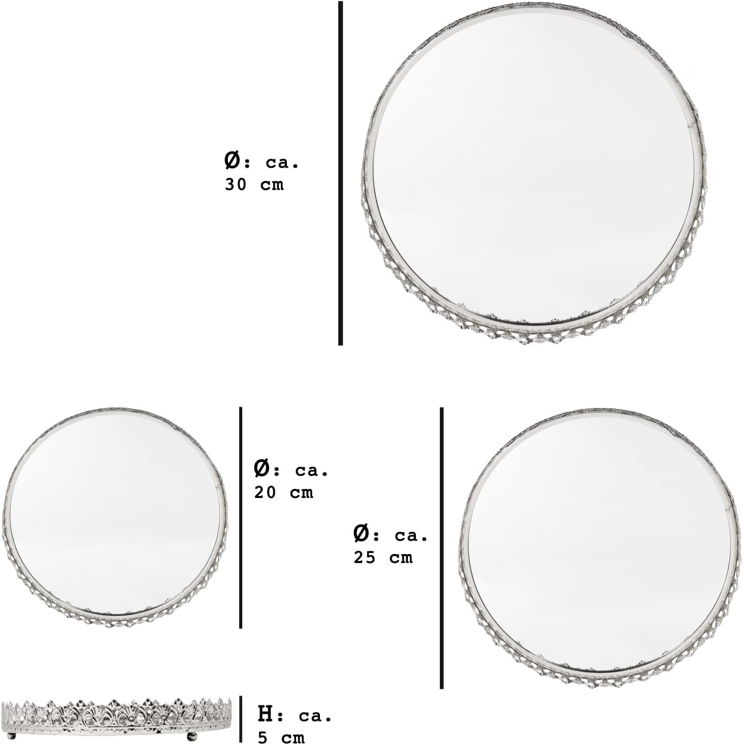 Decoratieve dienbladen, spiegeldienblad, decoratief dienblad, make-up organizer, kaarsendienblad, sieradenspiegel, cosmetische spiegel - metaal/ spiegel - cadeau-idee (set van 3 Eva zilver