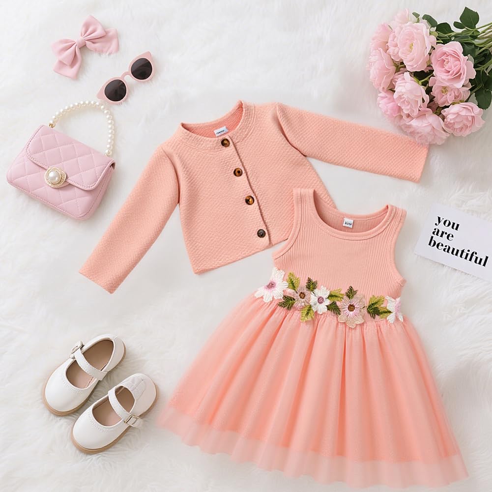 Vicloon Baby Mädchen Kleid mit Strickjacke Set, Baumwollkleid, Kleinkind Ärmellose Blumen Tüll Tutu Kleider und Langarm Waffel, 2 Stück ärmellosem Tüllkleid Outfit Set für Mädchen 6 Monate-2 Jahre
