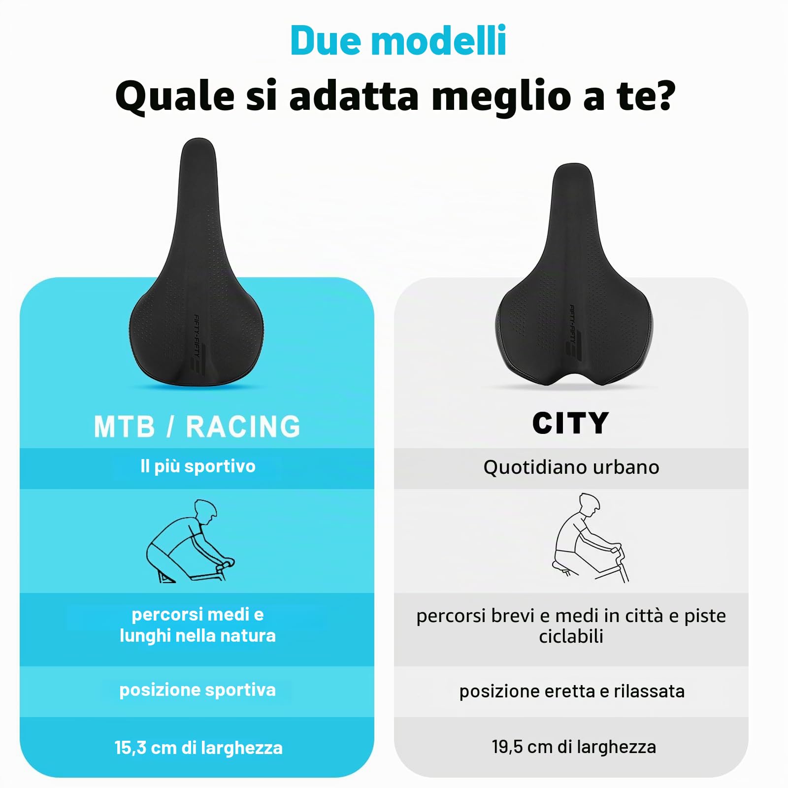 FIFTY-FIFTY Sella per Bicicletta, Comoda Morbido e Impermeabile Sellino | In Memory Foam, Leggero e Resistente, Traspirante, per Uomini e Donne, Compatibile con MTB, Bici da Strada, E-Bike