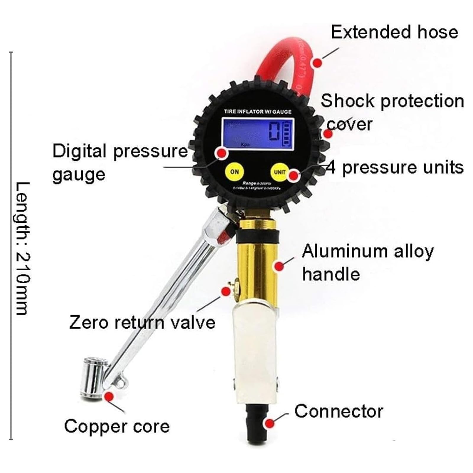 Manometro Digitale per la Pressione Dei Pneumatici 0-200PSI, Pistola ad Aria Compressa con Ugello, Misuratore di Pressione Preciso per Pneumatici Auto per Moto, Camion, Bicicletta