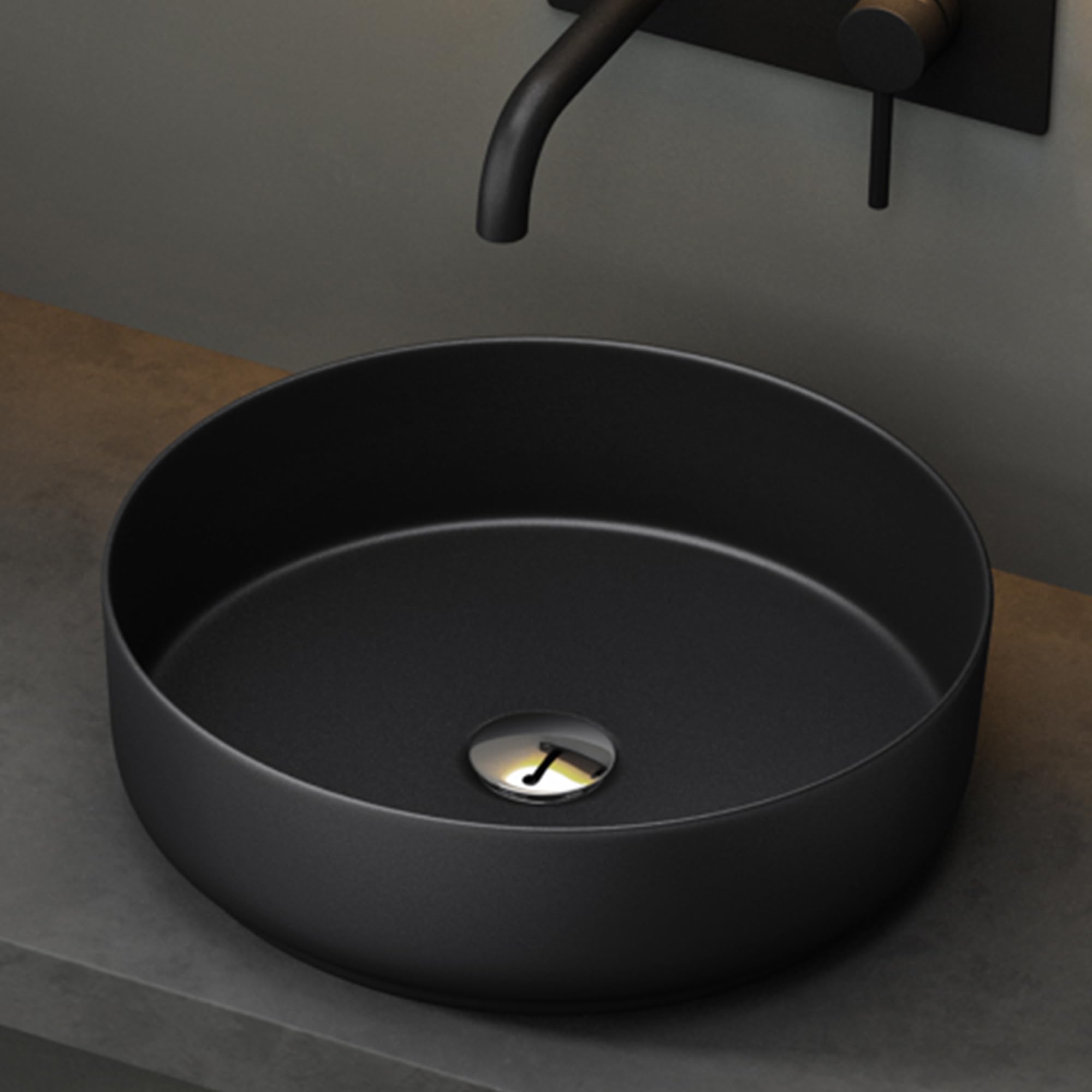 Mai & Mai Bathroom Sink Basin Countertop Wash Basin | Ceremic Round Matt Black | Modern Design Bathroom Vessel Sink | WDH: 40x40x13cm | Nano-Coating Brüssel203