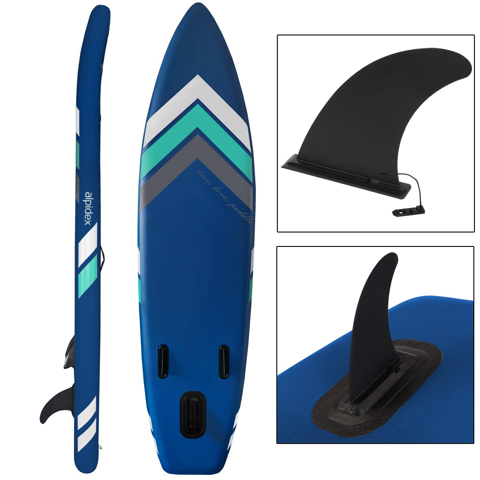 ALPIDEX Stand Up Paddle Set SUP 305 x 76 x 15 cm Belastbar bis 150 kg Aufblasbar Stabil Leicht Komplett Set Tragetasche Paddel Finnen Luftpumpe Leash Repair Kit