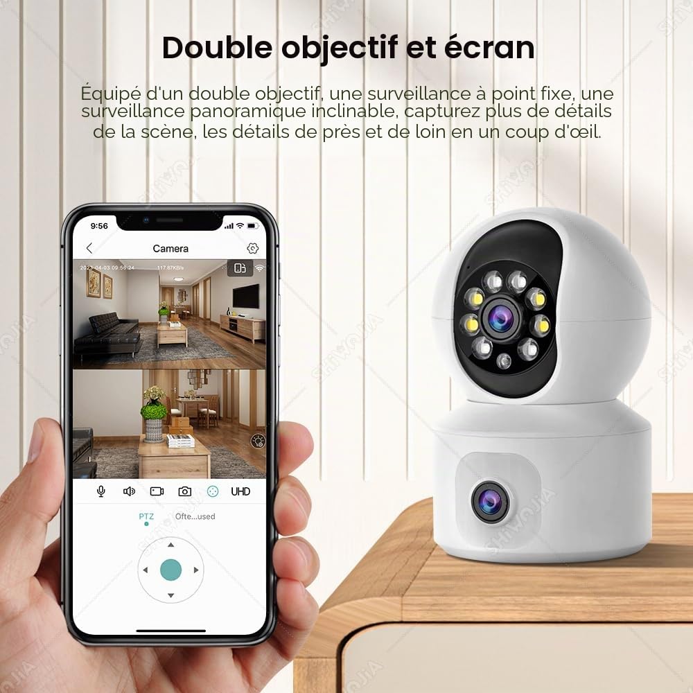 SHIWOJIA 2K 4MP Caméra Surveillance WiFi Intérieure, PTZ 360° Caméra avec Double Objectif, Vision Nocturne Intelligente, Détection de Personne et Suivi Auto, Audio Bidirectionnel