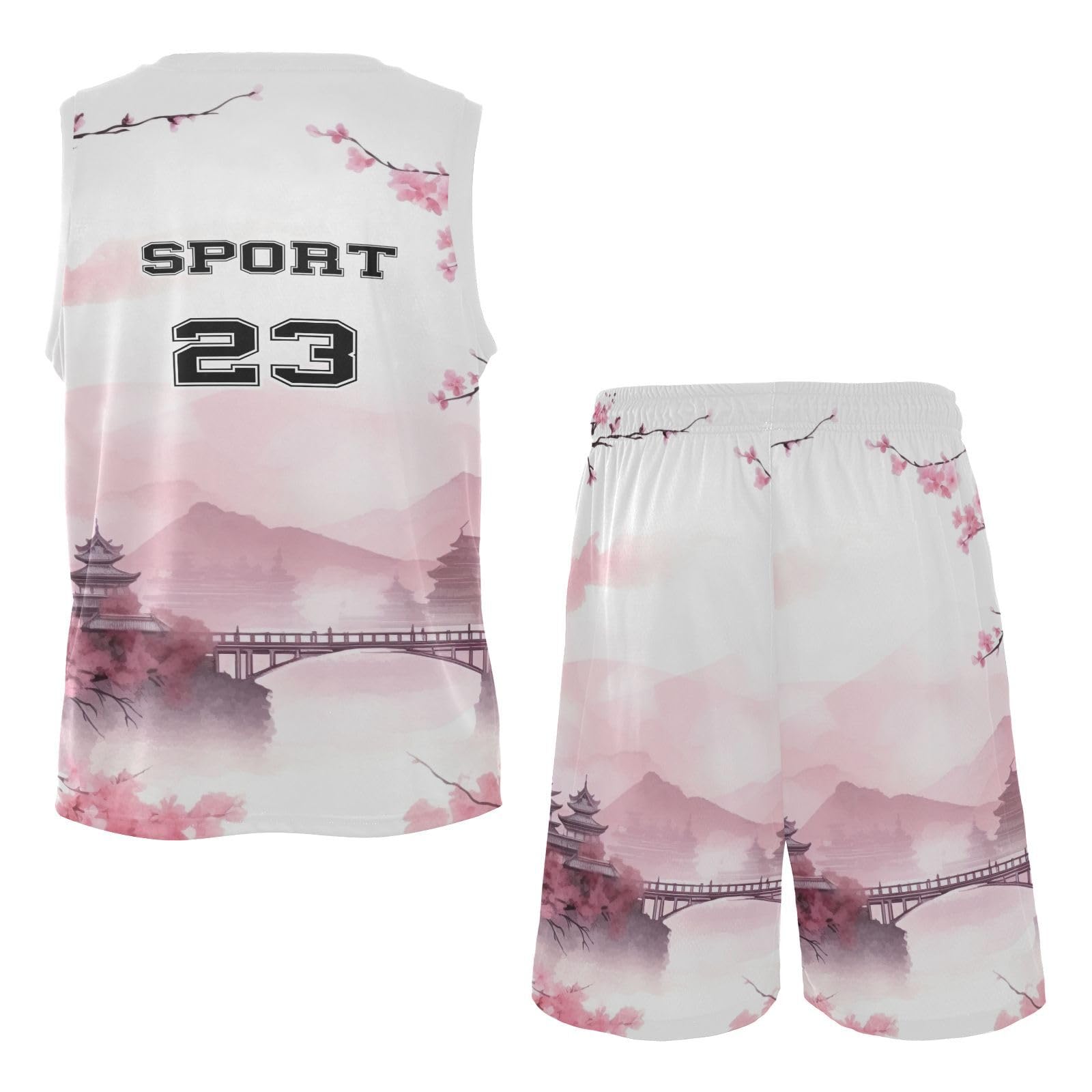 FLildon Blossom Sakura Flowers Boys Basketball Jersey Set Tank Top Shorts Tracksuit Sport Training Suit for Kids, XL