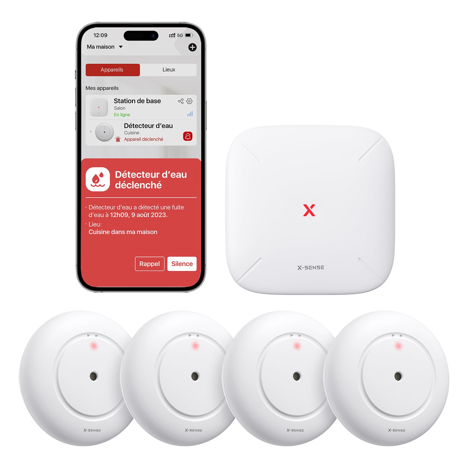 X-Sense Connected Water Leak Detector with Base Station SBS50, Wi-Fi Water Detector with Alarm 110 DB, Range up to 500 m, Ideal for Kitchens, Basements, Bathrooms, SWS55