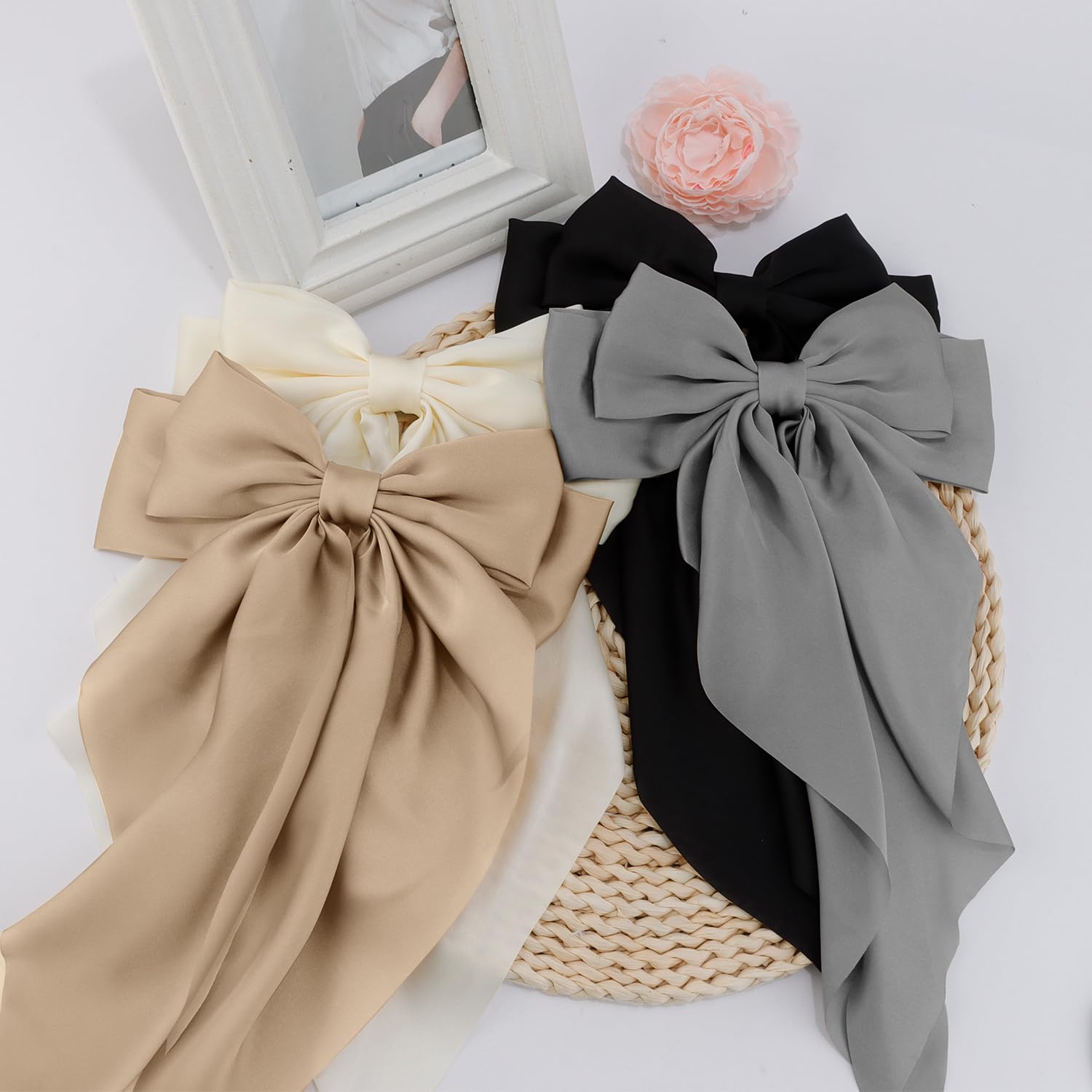 ATODEN Lazos para el cabello para mujer, lazo de satén sedoso, 4 cintas para el cabello de gran tamaño, lazos de cola larga, clips de metal para el cabello, accesorios para el cabello para niñas,