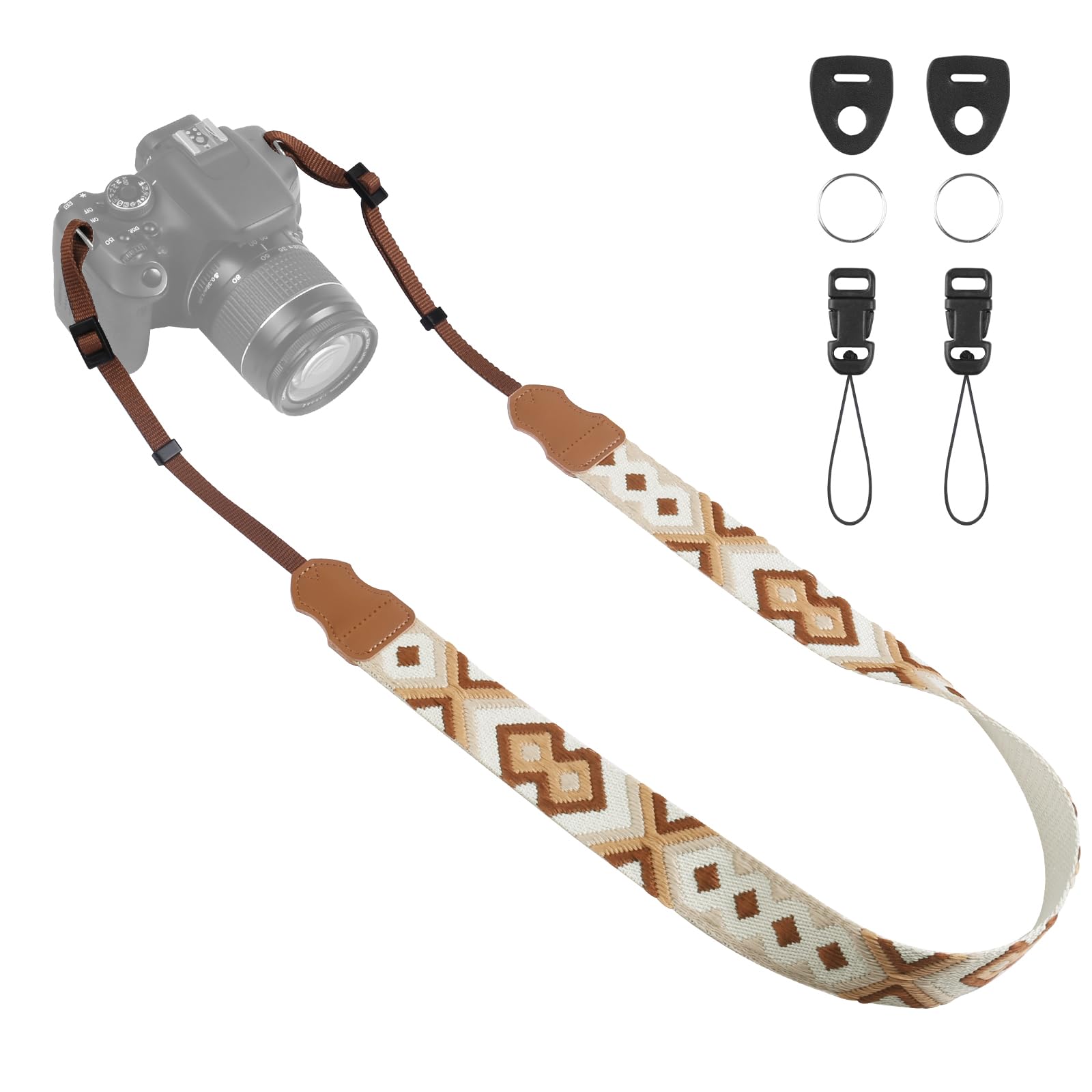 Universal Camera Strap - Camera Neck Strap, Adjustable Shoulder Straps Compatible with Canon, Fujifilm, Nikon, Olympus, Panasonic and other SLR and mirrorless cameras - Brown Beige White Weave
