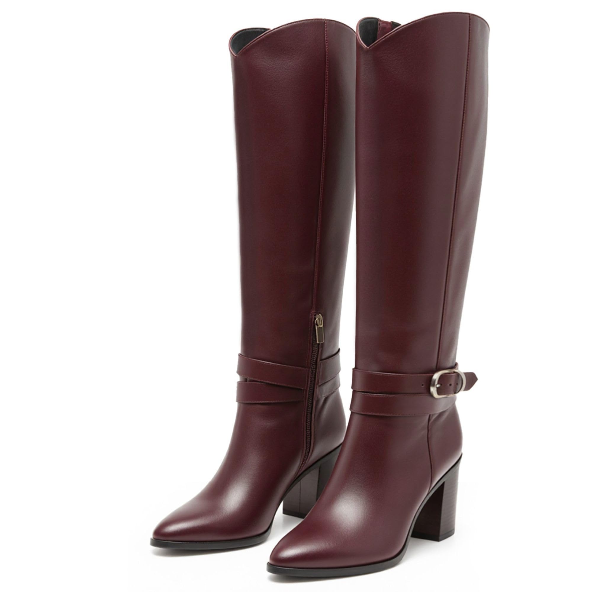 WIRALOMI Knee High Boots for Women Pointed Toe Chunky Heel Boots Metal Buckle Boots with Side Zipper