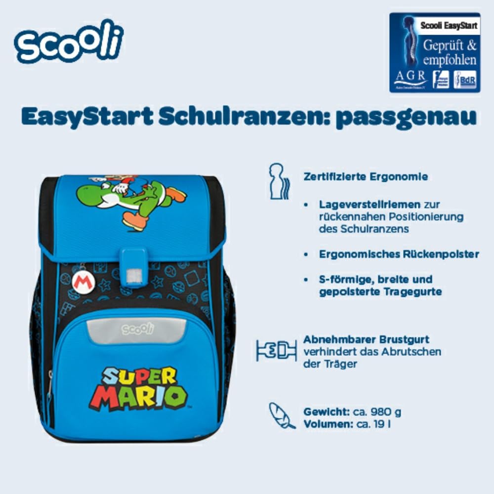 Scooli Schulranzen 1.Klasse Jungen EasyStart Schulranzen-Set geeignet für Super Mario-Fans (12tlg.mit Sporttasche Brotdose Trinkflasche Lernuhr Stifteköcher passend Platzdeckchen Schultüte)