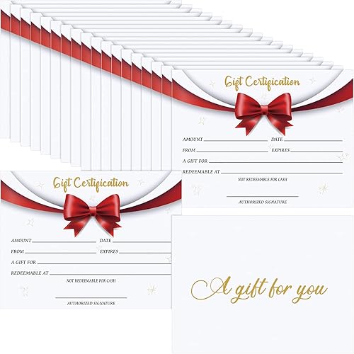 50pcs Blank Gift Certificates Great for Small Business, Xmas Gift Certificates with Red Ribbon Name Address Gift Cards for Salon Restaurants Spa Business Work Business Gift Card(4.25 x 5.5 Inches)