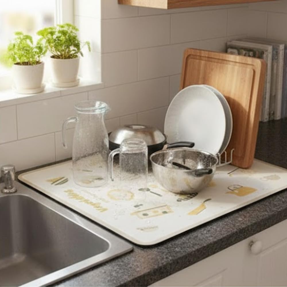 HomeCloud Dish Drying Mat for Kitchen Counter Hide Stain Super Absorbent, Non-Slip, Heat-Resistant, Great for Dishes,Rack Pad, Kitchen Counter, Coffee Maker (Beige, 40x50cm) 2