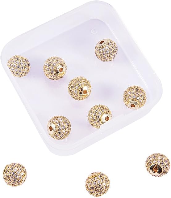 NBEADS 1 Box of 10 Pcs 10mm Crystal Cubic Zirconia Pave Micro Setting Round Beads Pave Disco Ball Spacer Beads Brass Bracelet Connector Charms for Jewelry Making, Golden