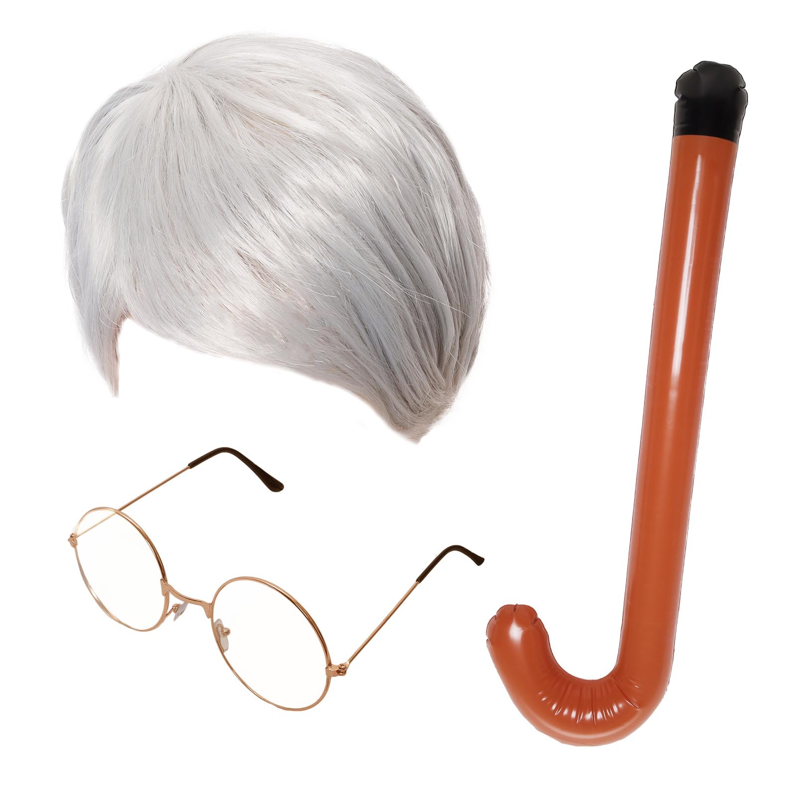 Bcxfbxd 3Pcs Old Man Costume Accessories for Boys Grandpa Silver Wig with Glasses Inflatable Crutch for 100th Day of School